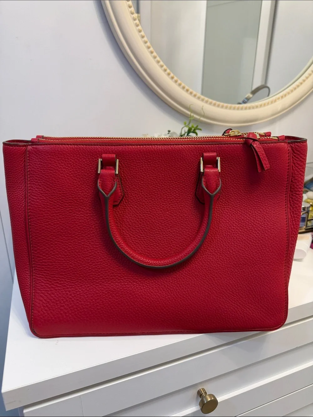 New Tory Burch Red Pebbled Leather Robinson Tote with Top Handles